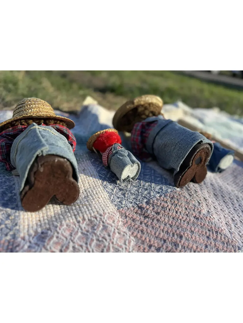 Vintage Set of Four Handmade Farmer Dolls with Straw Hats and Denim Overalls